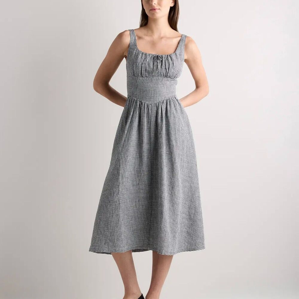 Quince European Linen Gingham Corset Midi Dress Womens M Black White Check